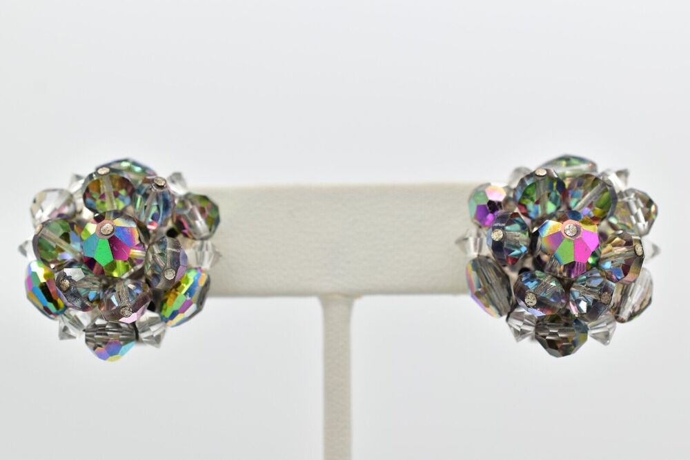 Laguna Vintage Clip On Crystal Earrings Gray Chrome AB Cluster Signed 1950s 9C